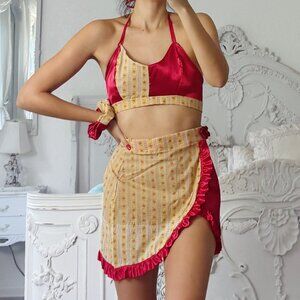 Vintage Red Summer Satin Skirt Scrunchie Set Boho